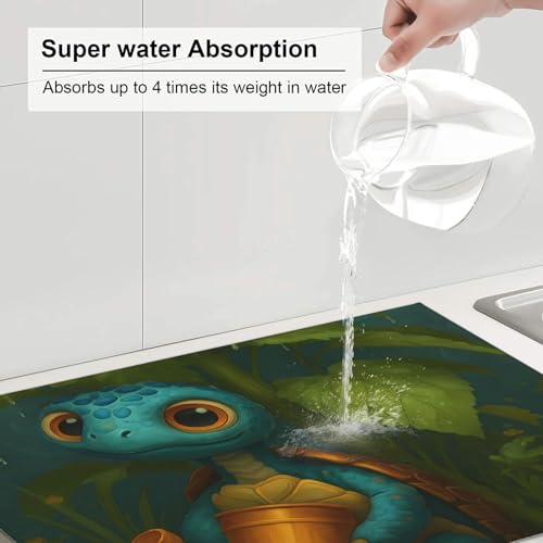 Cute Blue Turtle Holding Watering Can Dish Drying Mat for Kitchen Counter Microfiber Absorbent Reusable Washable 18x24in - color: Cute Blue Turtle Holding Watering Can