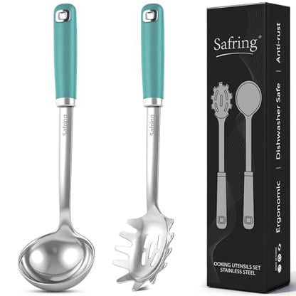Safring Stainless Steel Soup Ladle and Spaghetti Spoon Set, Heat Resistant Rubber Handle, Dishwasher Safe, Kitchen Utensils for Cooking, Stirring, Serving Pasta, Soup & Sauce (Aqua Sky) - color: Aqua Sky