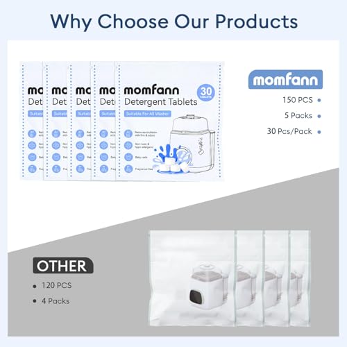 MOMFANN 150 Professional Deep Cleaning Detergent Tablets for All Baby Bottle Washers, Washer Tablets for Bottle Washer and Sterilizer and Dryer, Easy to Use - size: 150Pcs