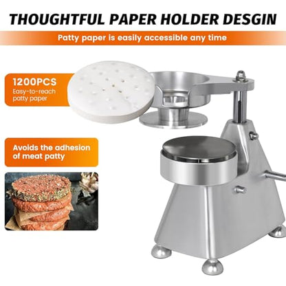 Hakka Commercial Hamburger Press Patty Maker, Stainless Steel Heavy Duty Grill Burger Press Patty Meat Tool, with Three Convertible Molds and 1200 Pcs Patty Papers, 100mm/130mm/150mm