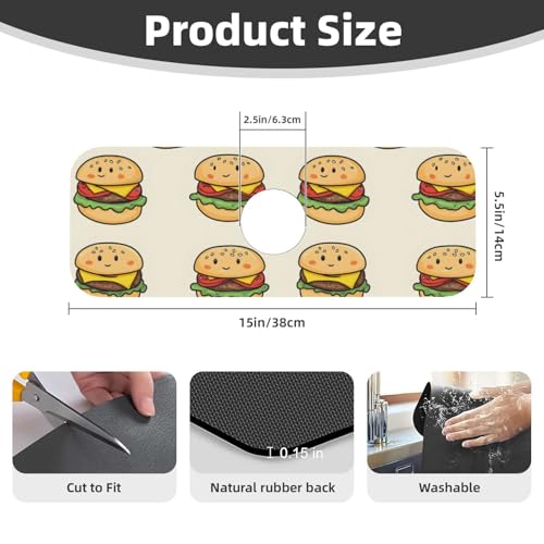 Cute Cheeseburger Print Faucet Mat for Kitchen Sink, Faucets Mat Splash Guard Absorbent Fast Drying, Kitchen Sink Mats for Around Faucet Draining