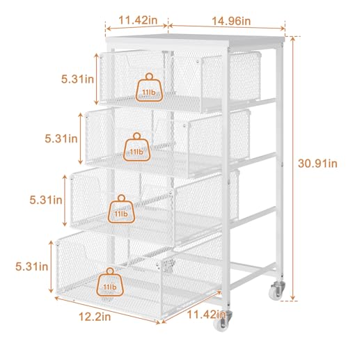 4-Tier Kitchen Storage Cart - Fruit Vegetable Storage Cart with Drawers, Wooden Top Metal Wire Kitchen Organizer and Storage Cart with Wheels to Storage Onions Potatoes Cans Snacks for Kitchen - size: White