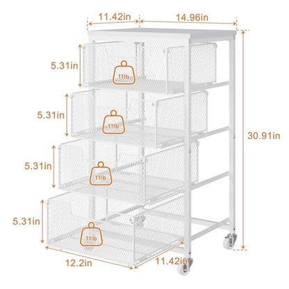 4-Tier Kitchen Storage Cart - Fruit Vegetable Storage Cart with Drawers, Wooden Top Metal Wire Kitchen Organizer and Storage Cart with Wheels to Storage Onions Potatoes Cans Snacks for Kitchen - size: White