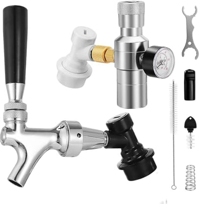 Ball Lock Keg Tap and Mini Co2 Regulator Set, Stainless Steel Self-Closing Ball Lock Beer Faucet & 0-60PSI Mini Beer Keg Charger Regulator Kit with Ball Lock Disconnect for Corny Keg Party