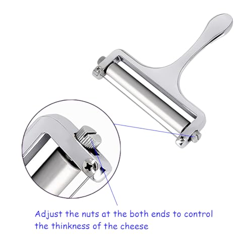 Heavy Duty Stainless Steel Cheese Slicer,Adjustable Thickness with 2 Extra Replacement Wires, Handheld Cheese Cutter for Soft & Hard Cheese, Butter, Cake (Silver)