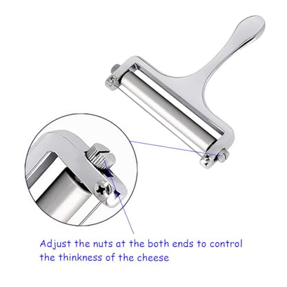 Heavy Duty Stainless Steel Cheese Slicer,Adjustable Thickness with 2 Extra Replacement Wires, Handheld Cheese Cutter for Soft & Hard Cheese, Butter, Cake (Silver)