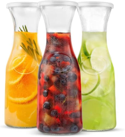 KooK Glass Carafe, Mimosa Bar Supplies, Carafe Pitchers with Lid, Set of 3, Glass Water Pitcher, Drink Dispensers for Parties, Tea, Wine, and Juice, Plastic Lids, Dishwasher Safe, 35 oz - color: Set of 3, 1 Liter