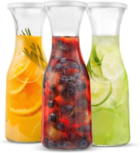 KooK Glass Carafe, Mimosa Bar Supplies, Carafe Pitchers with Lid, Set of 3, Glass Water Pitcher, Drink Dispensers for Parties, Tea, Wine, and Juice, Plastic Lids, Dishwasher Safe, 35 oz - color: Set of 3, 1 Liter