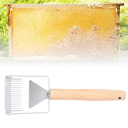 Honey Scraper Tool, Multifunction Beekeeping Uncapping Fork with Wood Handle, Metal Honey Shovel for Beehive Maintenance