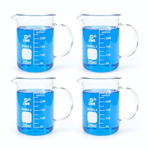 TISMART Glass Beaker Measuring Cup Boro 3.3-250/500/1000ML(4pcs 250ml) | Corrosion-resistant, Anti-oxidation, Heat for Lab, Teaching, Craft, Cooking, DIY, Liquid, Science Lab