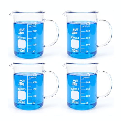TISMART Glass Beaker Measuring Cup Boro 3.3-250/500/1000ML(4pcs 250ml) | Corrosion-resistant, Anti-oxidation, Heat for Lab, Teaching, Craft, Cooking, DIY, Liquid, Science Lab