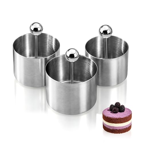 3 Pcs Cake Ring Molds for Cooking with 3 Pusher - Sizes 2-3In Mini Round Baking Rings, Stainless Steel Food Molds Rings for Small Mousse Cheesecake Pastry Crumpets