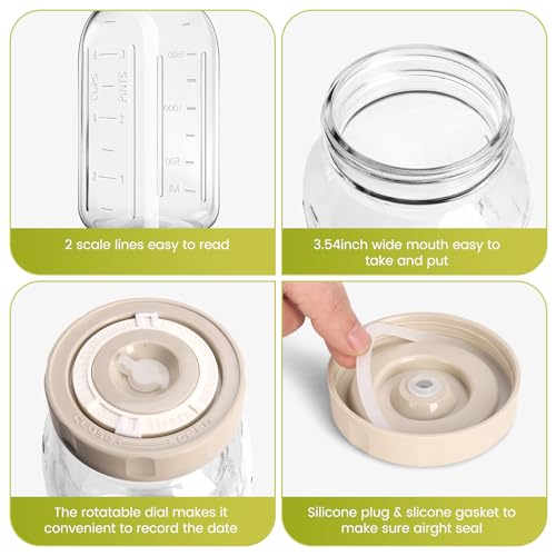64oz Glass Fermentation Jar, 2L Glass Fermenting Jar with Dial Date Tracker Lids, Airlocks & Weights, Fermenting Kit for Sauerkraut, Pickling, Kombucha & Cider(2 Pack Jars Included）