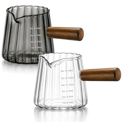 2 Pack Espresso Shot Measuring Cups 6oz, Clear & Grey Ribbed Glass Espresso Cups with Wood Handle, V-Shaped Spout, oz/ml Markings for Espresso, Milk Frothing, Latte and Coffee Bar - color: Clear + Gray (2 Pack)