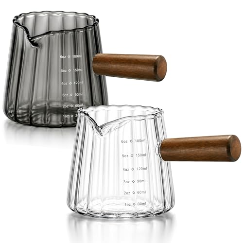 2 Pack Espresso Shot Measuring Cups 6oz, Clear & Grey Ribbed Glass Espresso Cups with Wood Handle, V-Shaped Spout, oz/ml Markings for Espresso, Milk Frothing, Latte and Coffee Bar - color: Clear + Gray (2 Pack)