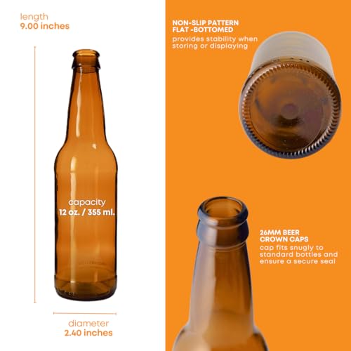 FastRack Amber Beer Bottles 12oz (Pack of 24) | Longneck Glass Beer Bottles with Pry-off Crown Finish for Home Brewing Mead, Cider & Kombucha | Durable Brewing Bottle & Bottling Kit