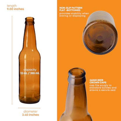 FastRack Amber Beer Bottles 12oz (Pack of 24) | Longneck Glass Beer Bottles with Pry-off Crown Finish for Home Brewing Mead, Cider & Kombucha | Durable Brewing Bottle & Bottling Kit