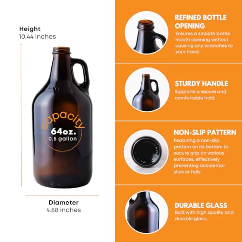 FastRack 64 oz Amber Glass Growlers (Pack of 6) | Half Gallon Beer Growler with 18 Poly Seal Caps | Reusable 1/2 Gallon Glass Jug for Homebrew, Kombucha, and Beverage Storage