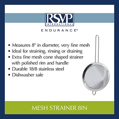 RSVP International Endurance Kitchen Collection, Stainless Steel Fine Mesh Conical Sieve/Colander, Multi-Purpose for Cooking, Baking, Loose Leaf Tea, Bar Strainer Cocktails, 8-Inch - size: 8-Inch