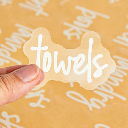 Talented Kitchen Laundry Room Organization Labels - 141 Preprinted White Script Clear Vinyl, Water-Resistant - Sticker Labels for Jars & Food Containers - Pantry, Bathroom & Linen Closet - color: White Text on Clear Label