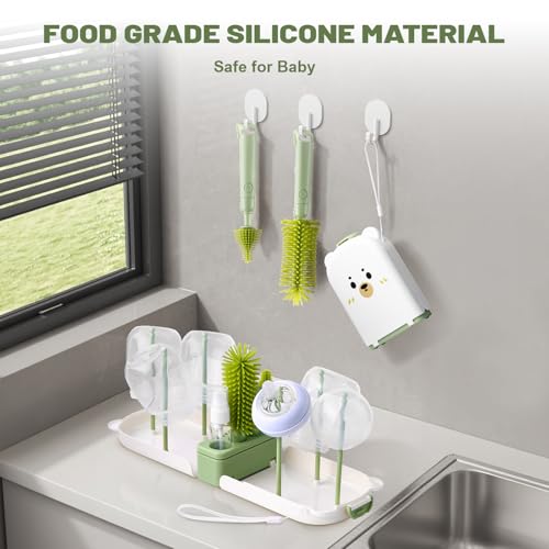 Baby Bottle Cleaner Brush Set Bottle Cleaner Brush Set Portable Bottle Cleaning Kit Set Silicone Brush, Nipple Brush, Straw Brush, Dispense Detergent Dispenser, Drying Rack - 6 in 1 - color: White