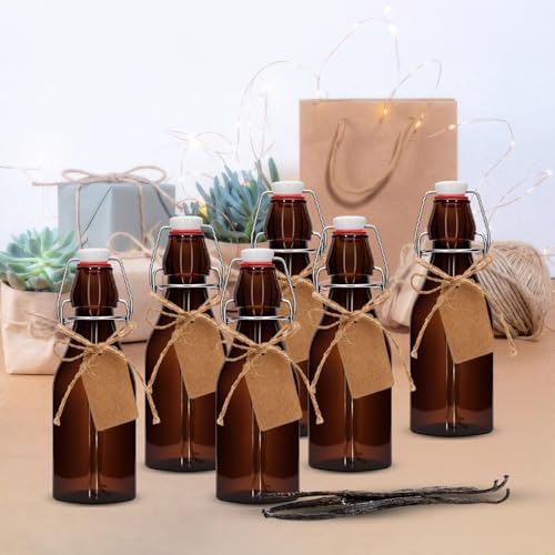 8.5oz square Amber Beer Bottles with Flip Caps,250MLGlass Bottle with Swinging Top for Airtight Lids, Home Brewing and Fermentation Kombucha, Vanilla Extract, Beverage, Water (1)
