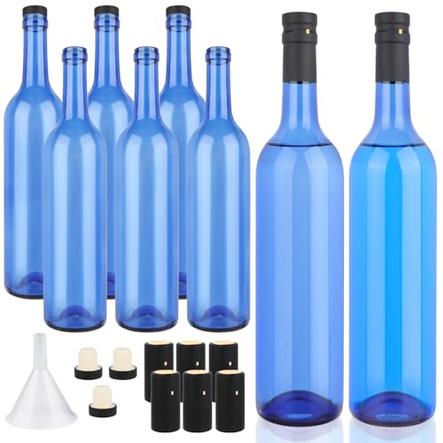 GUANENA 8 Pack 750ml Blue Glass Bottles with Cork Lids and PVC Shrink Capsules, Empty Home Brewing Wine Bottles with Funnel for Sparkling Wine, Juice, Kombucha, Beverages - color: Blue