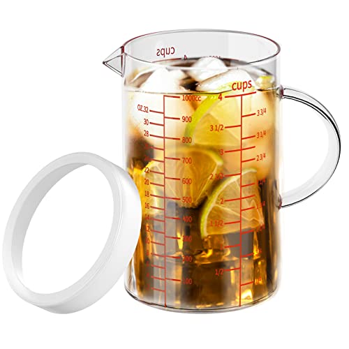 77L Glass Measuring Cup, 4-Cup/1000 ML Liquid Measuring Cups, Measuring Cup With Handle and V-Shaped Spout, Glass Beaker with Three Scales (OZ, Cup, ML), Dishwasher/Freezer/Microwave Safe - size: 4 Cup / 1000 mL