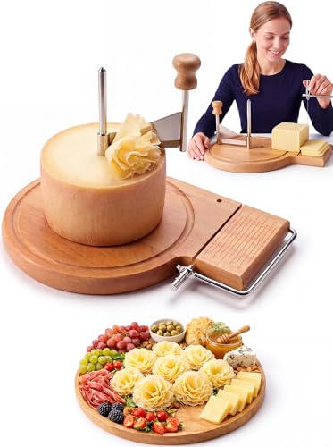 2-in-1 Cheese Curler and Slicer with Wooden Base, Stainless Steel Cheese Rosette Maker for Semi-Hard Cheese, Creates Elegant Rosettes and Uniform Slices