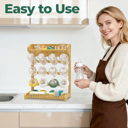 EsLuker.ly Baby Bottle Drying Rack Bamboo Vertical Dryer Holder, Space Saving for 12 Milk Glass Bottle Countertop, Wooden Drain Stand Shelf for New Parents - size: 13.1 In