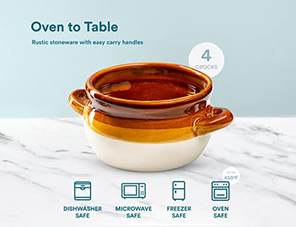 KooK French Onion Soup Bowl, French Onion Soup, Crock, Oven Safe Bowl, Ceramic, Handles, Stoneware, Dishwasher, Microwave, Oven & Broil Safe 16oz Standard Capacity & 18oz Full Capacity Set of 4 - style: Brown