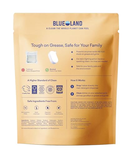 BLUELAND 100% Plastic-Free Dishwasher Detergent Tablets, 60 Count, Free & Clear, Eco-Friendly Dishwashing Pods, Cuts Grease & Stuck on Food, Rinses Clean for Streak-Free Shine - size: 60 Count (Pack of 1)