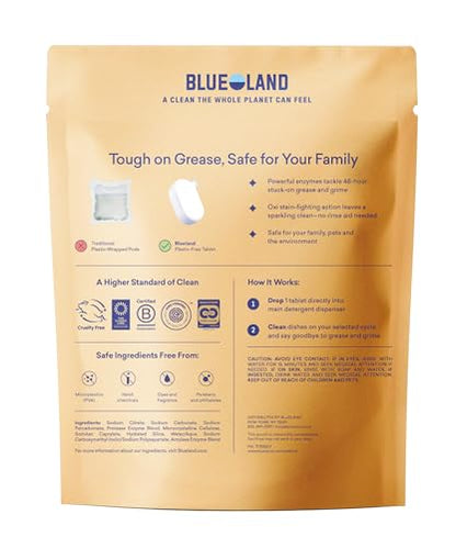 BLUELAND 100% Plastic-Free Dishwasher Detergent Tablets, 60 Count, Free & Clear, Eco-Friendly Dishwashing Pods, Cuts Grease & Stuck on Food, Rinses Clean for Streak-Free Shine - size: 60 Count (Pack of 1)
