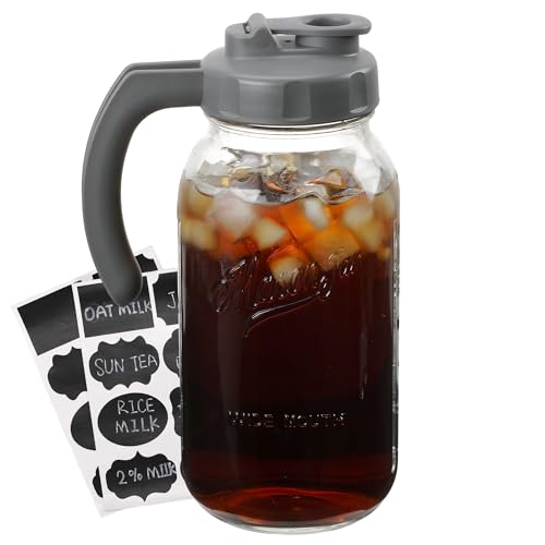 Soligt Glass Mason Jar Pitcher with Lid, Wide Mouth Flip Cap Pour Spout Leak-proof Lid with Handle, 64 oz (2 Quart / 1.9 Liter), for Iced Coffee/Sun Tea Juice/Cold Brew/Milk (1 Pack, Dark Gray) - color: Dark Gray
