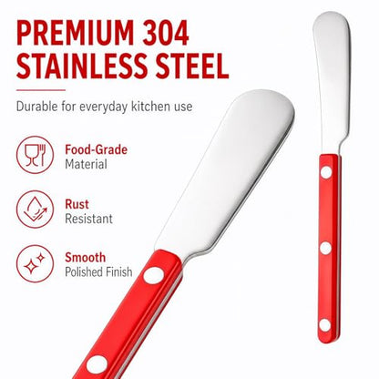 4PCS Stainless Steel Butter Knives Set: 6.3 Inch Cheese Spreader 304 Stainless Steel with Ergonomic Handle for Cheese, Butter & Jam (red) - color: red