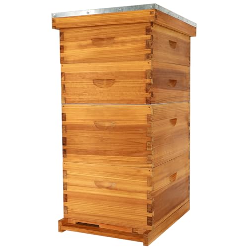 10 Frame Langstroth Beehive Kit Dipped in 100% Beeswax Bee Hives with 2 Deep Bee Box and 2 Medium Super Bee Hive Box with Frame and Foundation(Unassembled) - size: 4 Layer