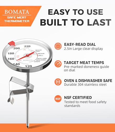BOMATA 2 Pack Stainless Steel Meat Thermometer Oven Safe, Leave in Probe Food Thermometer with 2.5-in Extra-Large Dial, IPX8 Waterproof, NSF Certified, for Cooking, Steak, Chicken, Turkey, Pork, Lamb - color: 2-pack