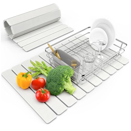 Large Stone Dish Drying Mat for Kitchen Counter, 24"(L)×16"(W), Collapsible Quick Dry Stone Dish Mats, Super Absorbent Diatomaceous Earth Drying Pad for Dishes Bottles Cups, Any Countertop (White) - color: White