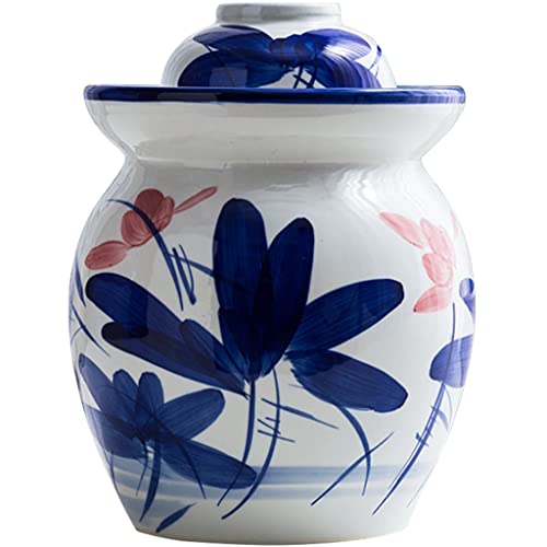 Fermentation Crock Jar Classical Painted Ink Style Lotus Pickle Jar, Chinese Traditional Water Seal Kimchi Jar With Cover, Pickled Cabbage, Radish, Kombuch (Color : Blue+white, Size : 4kg) - size: 4kg