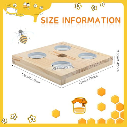 Rtteri 1 Pcs Bee Feeders for Hives with 4 Lids Wooden Honey Mason Jar Beehive Entrance Feeder for Beekeeping Bee Drinking Tools with Lids Drilled Feeding Sugar Syrup or Water (Jars Not Provided) - color: 4 Lids