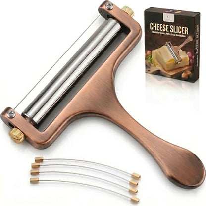 Wire Cheese Slicer for Block Cheese, with 2 Extra Wires, Adjustable Hand-Held Cheese Cutter for Mozzarella, Cheddar, Gruyere (Copper) - color: Copper with 4 Extra Wires