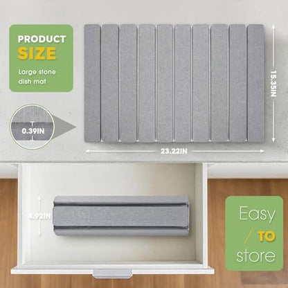 HABUTWAY Large Stone Dish Drying Mat for Kitchen Counter – 24"×16" Collapsible Diatomaceous Earth Mat, Ultra Absorbent & Quick Dry, Foldable Drying Pad for Dishes, Bottles, Cups (Light Grey) - color: LIGHT GREY