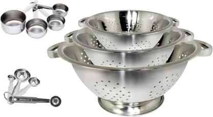 Premium Grade Stainless Steel Colander Basket Strainer Set of 3, with Measuring Cups & Spoon Set - Measure dry or liquid ingredients; Ideal for Cooking Baking Prep - Set of 11 pieces - size: Set of 11
