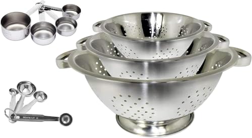 Premium Grade Stainless Steel Colander Basket Strainer Set of 3, with Measuring Cups & Spoon Set - Measure dry or liquid ingredients; Ideal for Cooking Baking Prep - Set of 11 pieces - size: Set of 11