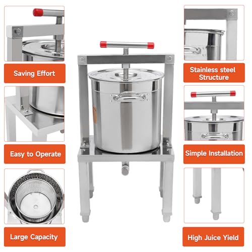 Fruit Wine Press 3.5Gallon/13.25L Manual Juice Maker Stainless Steel Fruit and Wine Press Nature Juice Making Press Machine with T-Handle for Cider Apple Grape Tincture Vegetables Honey Cheese - size: 13.25L/3.5Gallon-Silver