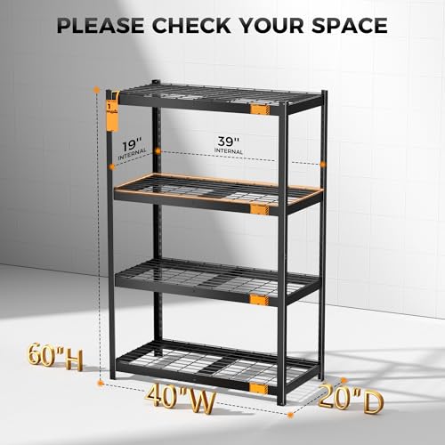 CAMMOO 40''W Storage Shelves, 3200LBS Metal Garage Shelving Unit with Magnetic Lable, Upgraded Structure, Solid Steel, Heavy Duty Adjustable 4 Tier Wire Shelf for Basement, Kitchen, 40"W x 20"D x 60"H - size: 40"W x 20"D x 60"H