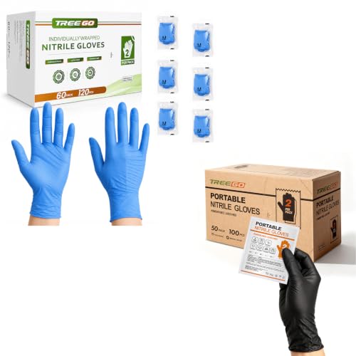 TREEGO Individually Wrapped Nitrile Gloves Bundle, Medium, 110 Pairs Total (50 Black + 60 Blue), Disposable 5 Mil Latex Free Powder Free Gloves for Food Prep, Cleaning
