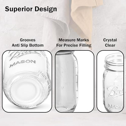 Ball Regular Mouth Mason Jars 32 oz. (12 Pack) - Quart Size Jars with Airtight Lids and Bands for Canning, Fermenting, Pickling, Meal Prep or DIY Decors and Projects Bundled with Peaknip Jar Opener