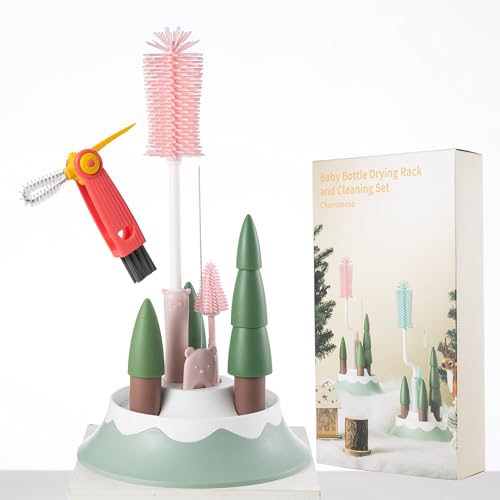 Chemimoso Baby Bottle Drying Rack and Cleaning Set, with Straight Silicone Baby Bottle Brush, Pacifier Brush, Straw Brush, Cup Lid Cleaning Brush, 2025 Xmas Holiday Surprise Gift for Newmom, Z Pink - style: Set, Z Pink