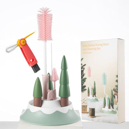 Baby Bottle Drying Rack and Cleaning Set，Xmas Surprise Gift for Newmom | with Straight Silicone Baby Bottle Brush, Pacifier Brush, Straw Brush, Cup Lid Cleaning Brush, Z Pink - style: Set, Z Pink